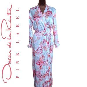 Oscar de la Renta Watercolor Rose Satin  Bodoir Lingerie Robe M